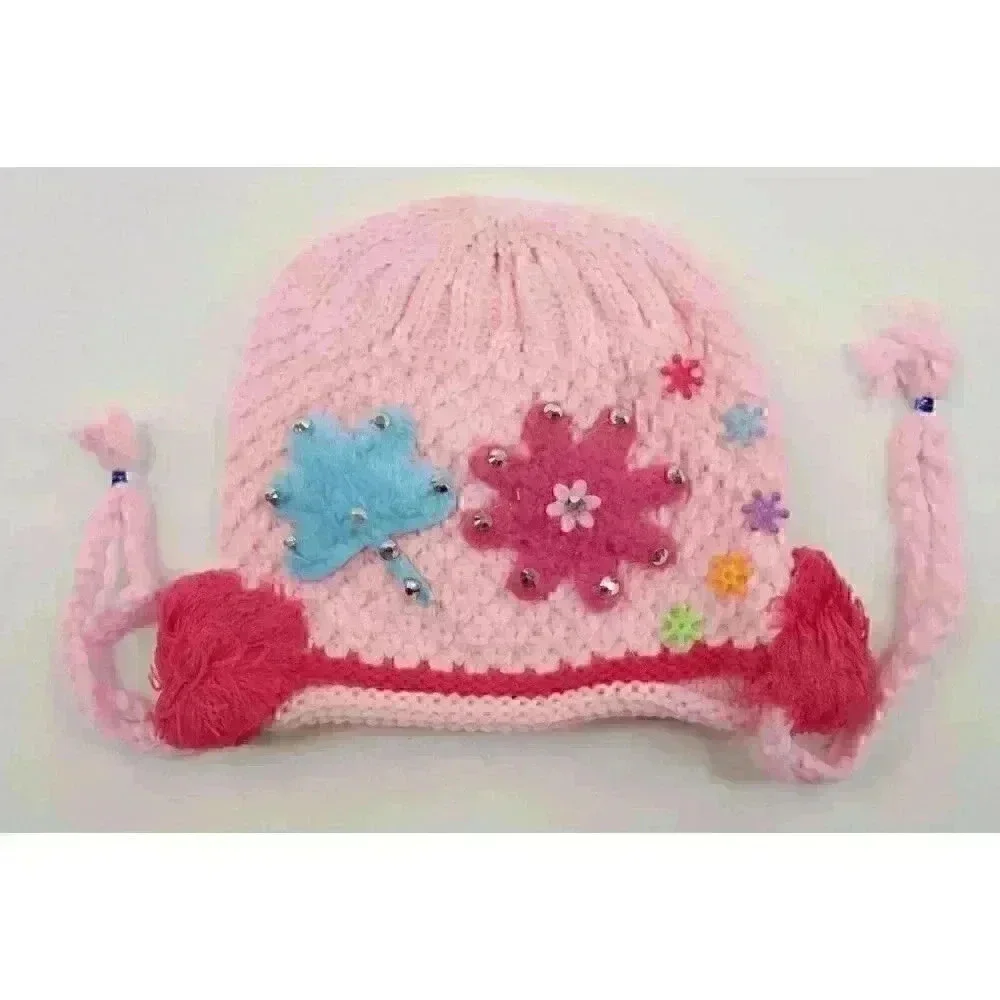 HAND knitted girl hat with knitted applique with beads for 4-6 year old. NEW.